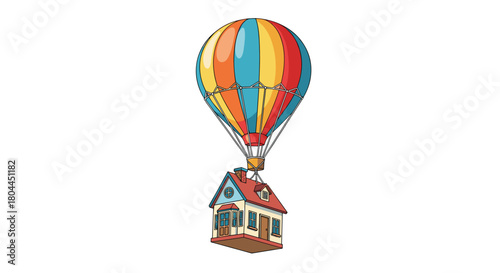 A whimsical house suspended from a colorful hot air balloon, Generative AI.