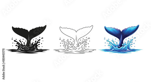 Whale tail jumping out of water three versions silhouette, outline, and color marine animal illustration