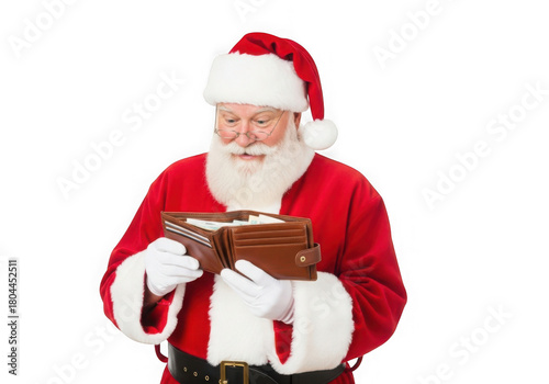 Santa claus looking at his wallet isolated on transparent background