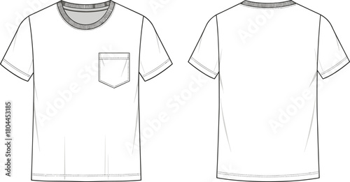 White t shirt front and back view fashion flat sketch with pocket t-shirt clothing