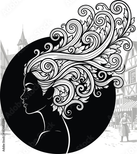 Woman with floral hair illustration art nouveau style black and white eps silhouette