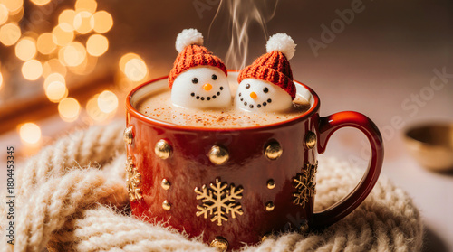 Cozy christmas hot chocolate with adorable snowman marshmallows