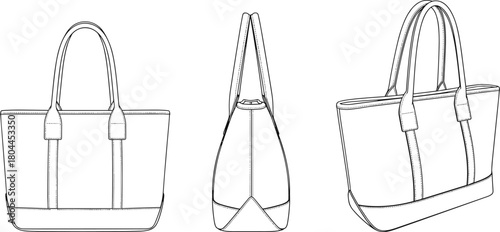 Tote bag fashion design technical drawing front side and perspective views handbag