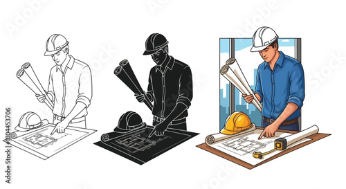 Three architect illustrations in different styles, including line art, silhouette, and color