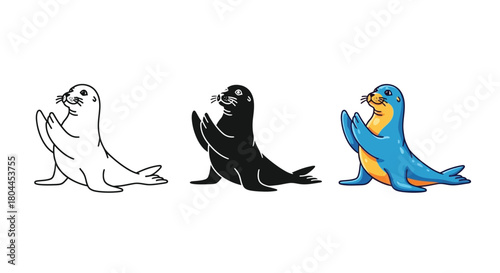 Cute seal waving its flippers, available in line art, silhouette, and full color, vector illustration