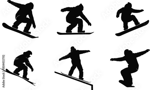 Six black silhouette snowboarders in various action poses on white background snowboarding