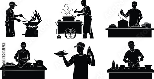 Silhouettes of chefs cooking and serving food at food stalls and kitchens vector