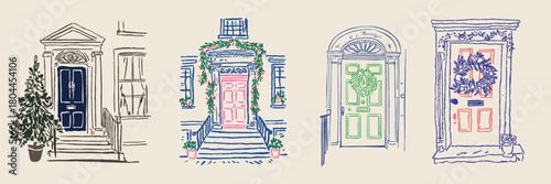 Hand drawn festive front doors decorated with Christmas wreaths and seasonal foliage in a colourful sketch style