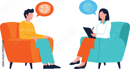 Man and woman in chairs with thought bubbles representing mental state therapy counseling