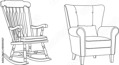 Line art illustration of a wooden rocking chair and a tufted armchair wingback chair