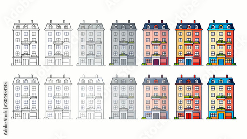 Urban architecture, the process of drawing from line drawings to complete drafts, hand-drawn vector illustrations