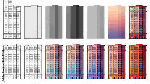 Urban architecture, the process of drawing from line drawings to complete drafts, hand-drawn vector illustrations