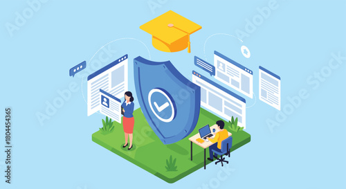 Isometric illustration of people interacting with digital interfaces and a shield icon