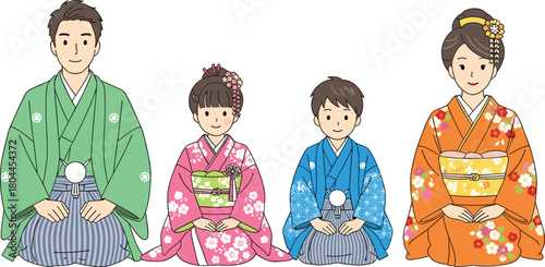 Japanese Family Wearing Traditional Kimono and Hakama Poses traditional clothing
