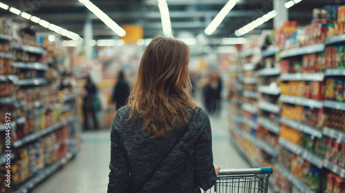 Woman walking with shopping cart through supermarket aisle surrounded by packed shelves in retail environment