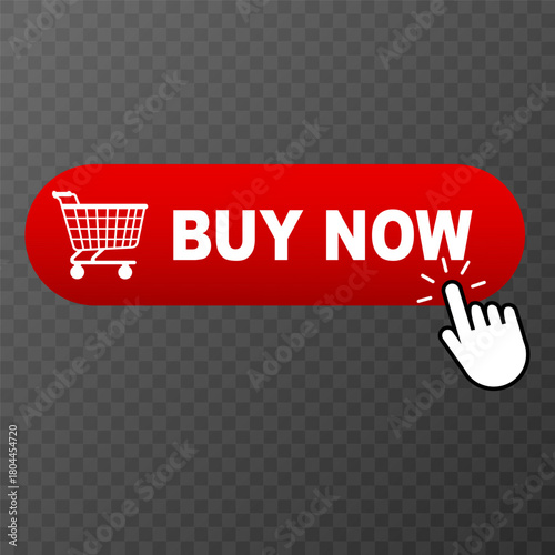Buy Now button with hand cursor and shopping cart icon red interface element. Vector illustration
