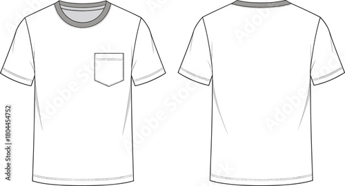 Front and back view flat sketch of a white short sleeve t-shirt with a chest pocket and grey crew neck