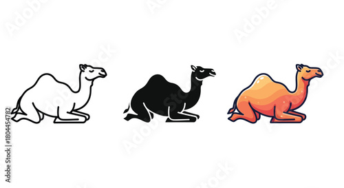 Evolution of a camel shown in different forms, including outline, silhouette, and full color versions