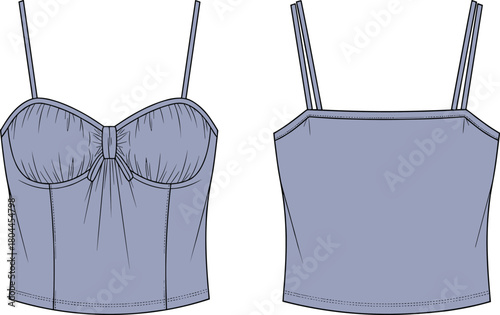 Front and back view flat sketch of a lavender sweetheart neckline ruched camisole top