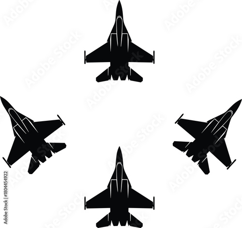Four black silhouette fighter jets arranged in a circular formation airplane aircraft