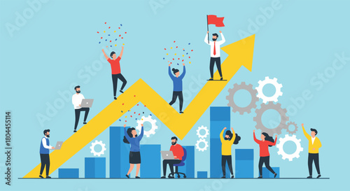 Diverse people celebrating success on a rising graph with gears and confetti business
