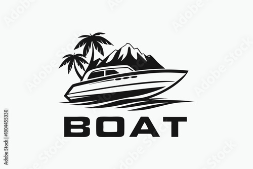 Bold black silhouette shows a boat sailing with palm trees and mountain behind