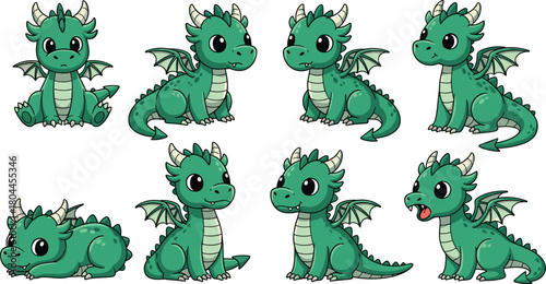 Collection of cute green cartoon dragons in various poses fantasy