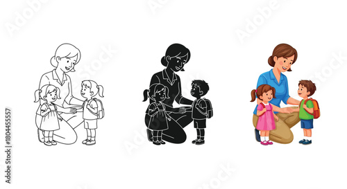 Mother with two children in color, silhouette, and line art, showcasing family love and care in different design styles