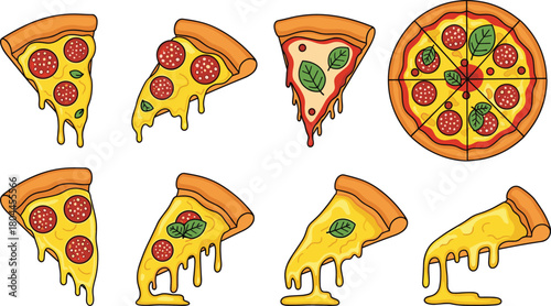 Collection of cartoon pizza slices with melted cheese and pepperoni vector