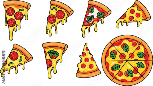 Collection of cartoon pizza slices and whole pizza with pepperoni and basil cheese