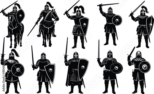 Collection of black silhouette medieval knights in armor with swords and shields