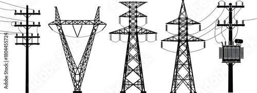 Collection of Black Silhouettes of Electricity Transmission Towers and Poles power