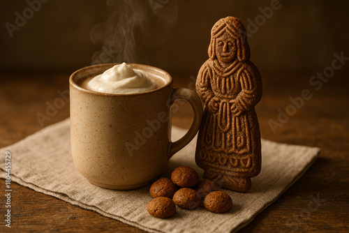 Hot beverage with whipped cream and  Sinterklaas shaped speculaas cookie