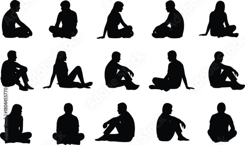 Collection of black human silhouettes sitting in various poses on white background