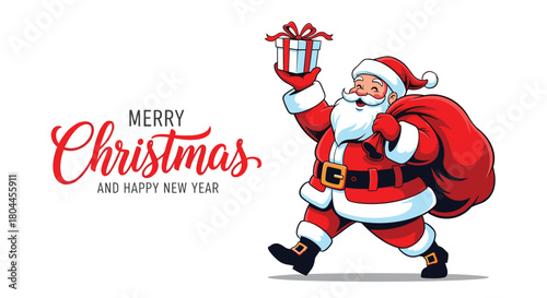 Cheerful Santa Claus holding a gift box and sack with Merry Christmas text New Year