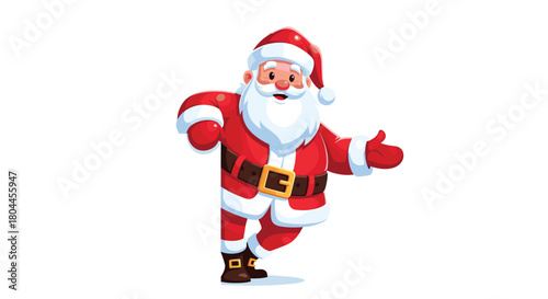 Cheerful cartoon Santa Claus character in red suit with white trim and brown belt