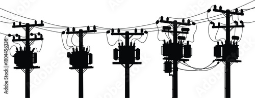 Black silhouette of utility poles with transformers and overhead power lines against white background