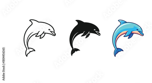 Dolphin jumping out of water, available in color, silhouette and outline versions