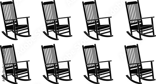 Black silhouette of rocking chairs arranged in a grid pattern furniture black and white