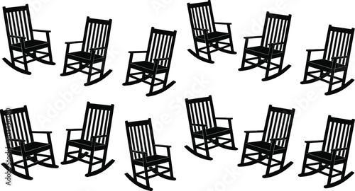 Black silhouette rocking chairs arranged in a pattern on a white background furniture