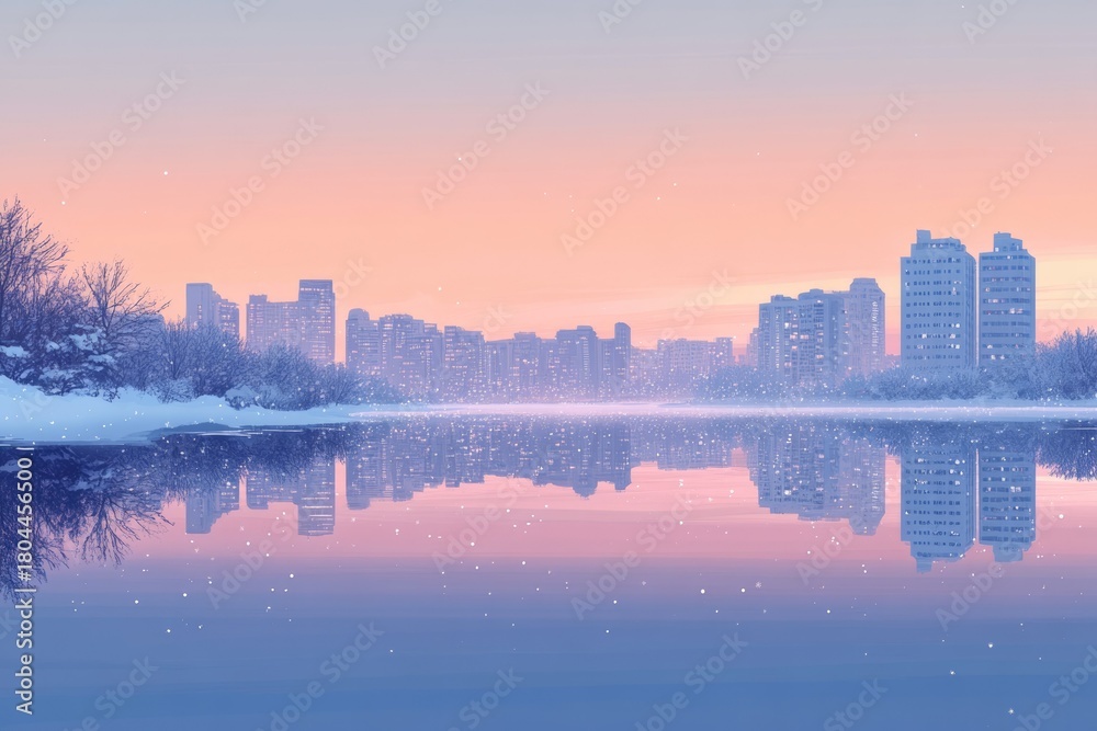 Fototapeta premium A serene winter cityscape reflects beautifully in sparkling water. Snow-covered trees line the bank under a tranquil pastel gradient sky.