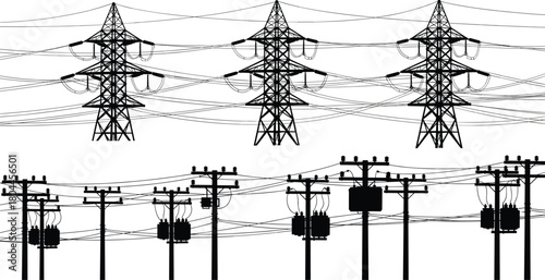 Black silhouette of power transmission towers and utility poles with electrical wires