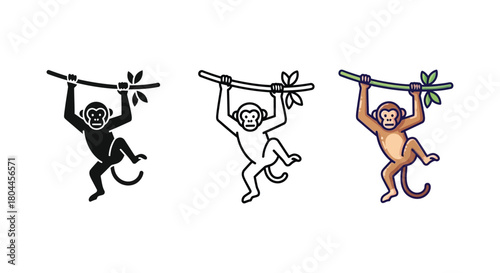 Monkey hanging a tree branch in different styles cute primate animal vector illustration set