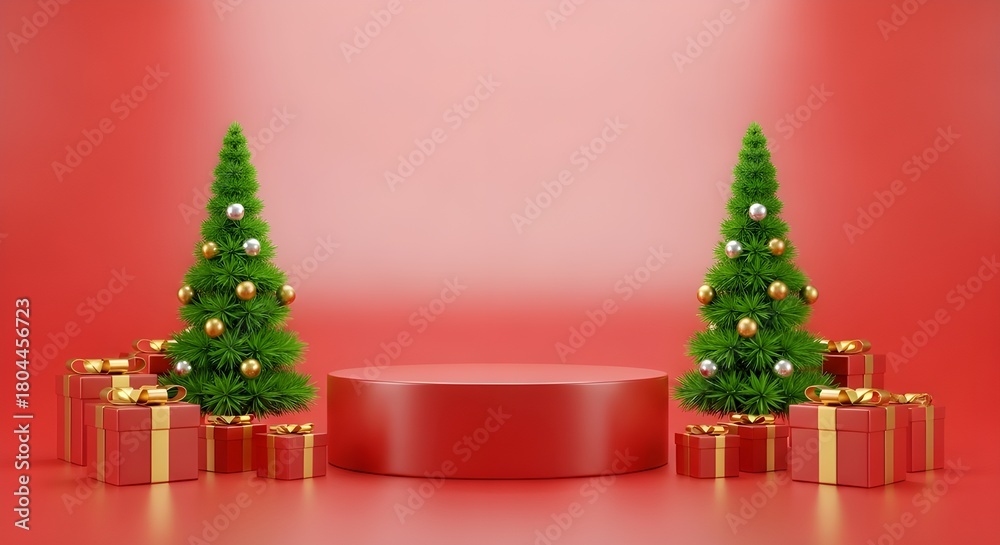 Obraz premium Christmas scene with red podium and decorated trees and gifts