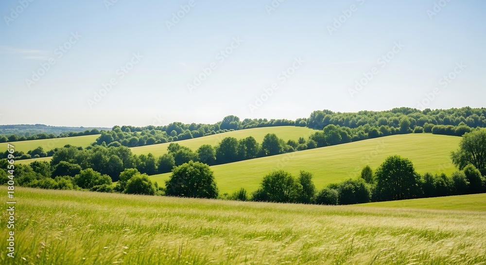 Fototapeta premium Lush green rolling hills under a clear blue sky, a beautiful pastoral landscape scene in summer