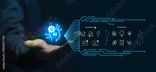 AI agent, holographic robot assistant concept, digital interface showing generative AI functions for digital business productivity, AI agent work with holographic robot interface and assistant tools
