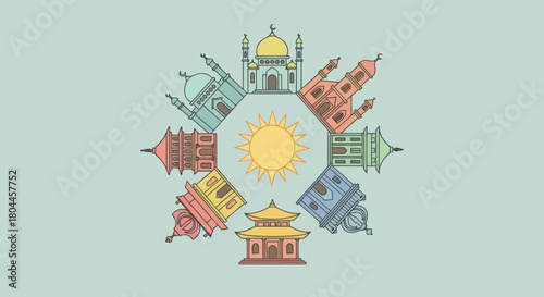 World religious and cultural center vector illustration featuring mosques and temples.