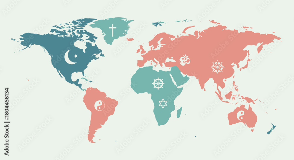 Fototapeta premium World map showing the distribution of religions across different continents.
