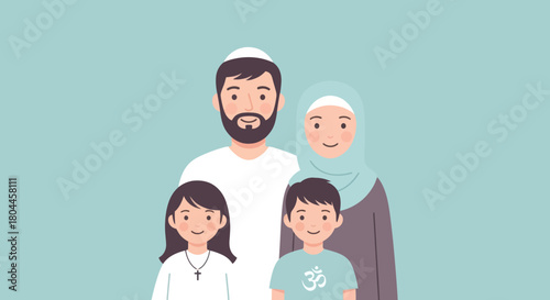 Multicultural family with muslim parents and children of different religions. Diversity concept.