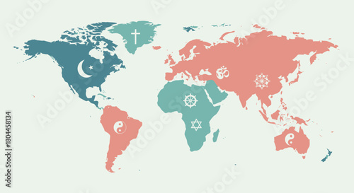 World map showing the distribution of religions across different continents.
